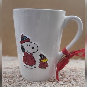 Rae Dunn Peanuts Snoopy LET IT SNOW Christmas Holiday Mug Red PUFFER JACKETS New